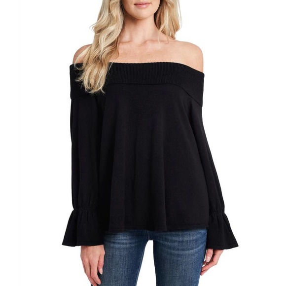 CeCe Off The Shoulder Long Sleeve Bell Cuff Sweater In Black - Picture 1 of 6